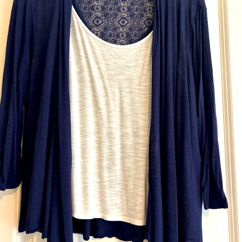 Deep navy blue 2-in-1 cardigan and white top